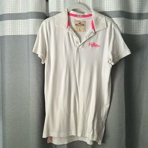 Men’s S Hollister Stretch Polo - white w pink logo.